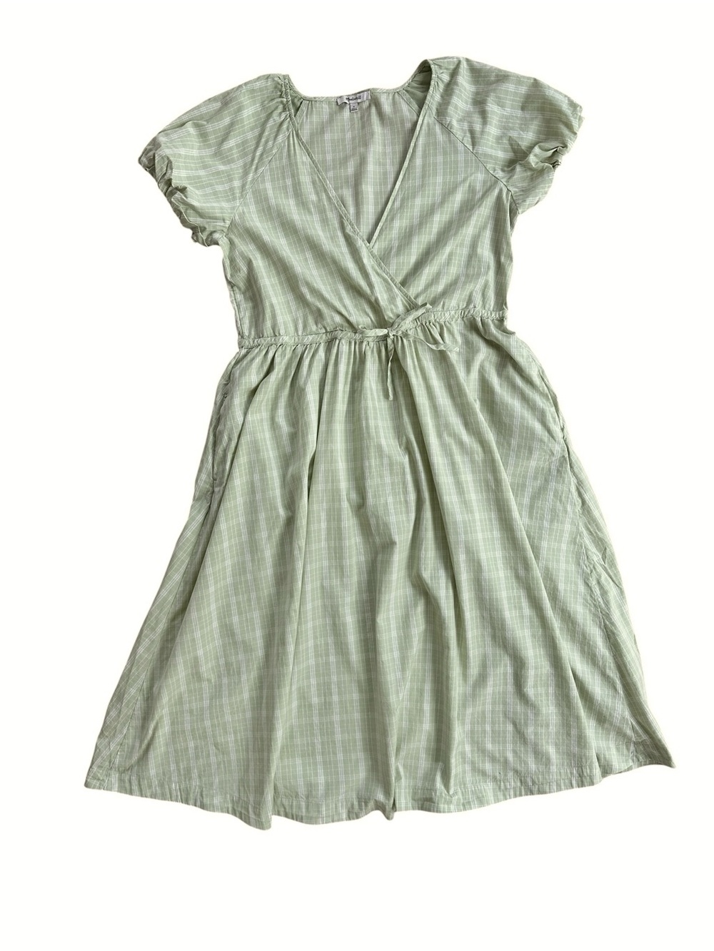 Madewell Light Green and White Plaid Puff Sleeve Cotton Midi Dress